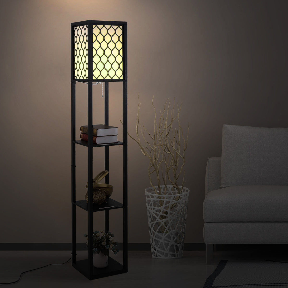 Lampadaire étagère Lampe étagère 26L x 26l x 160H cm 4 Niveaux MDF Noir Motif nid d'abeille-9