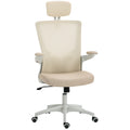 Chaise bureau ergonomique, fauteuil de bureau, accoudoirs relevables, soutien lombaire, appui-tête, 60x63x120cm, beige-0