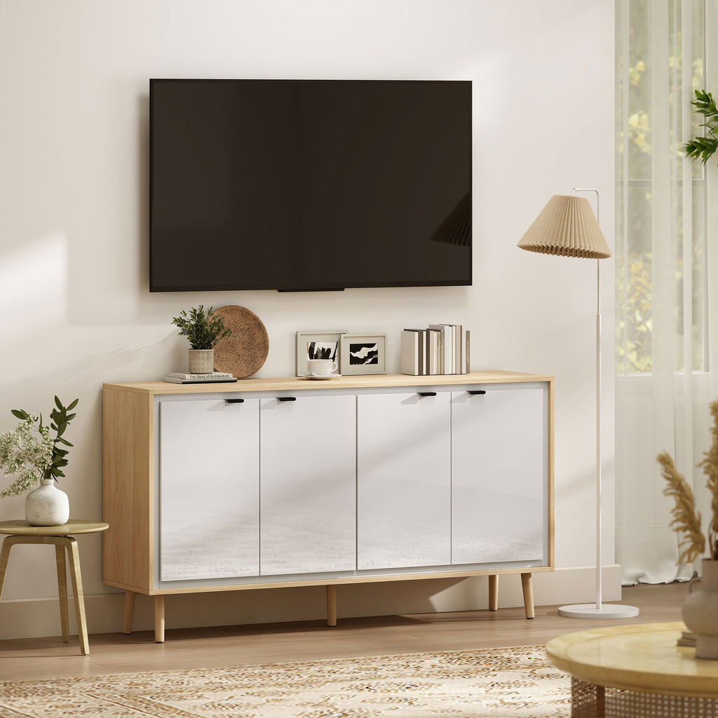 Buffet à haute brillance, meuble de rangement avec 4 portes, étagères réglables, 141 x 35 x 77 cm, blanc et chêne-7