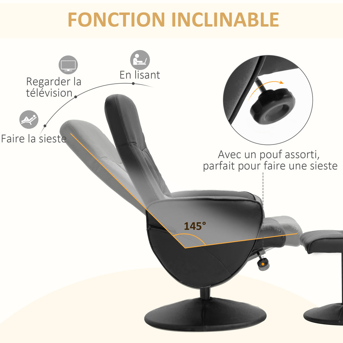 Fauteuil relax avec repose-pied fauteuil de relaxation relaxant pivotant 360° et dossier inclinable pour TV-3