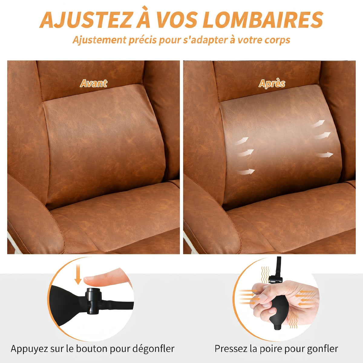 Chaise bureau ergonomique fauteuil de bureau en PU soutien lombaire gonflable dossier inclinable hauteur réglable marron-3