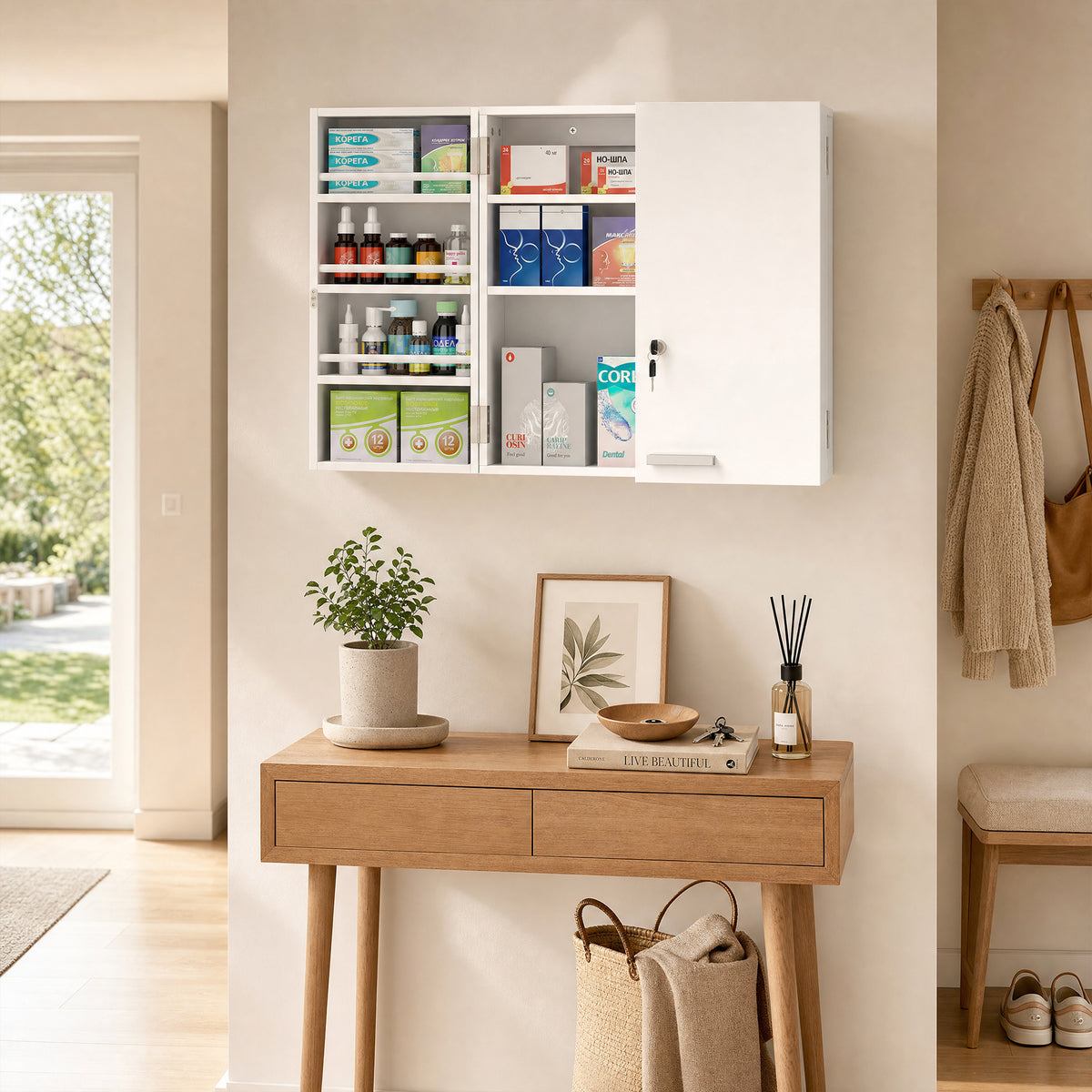Armoire à pharmacie murale, armoire à médicaments avec double porte verrouillable 2 clés, 53x20x53cm, blanc-8