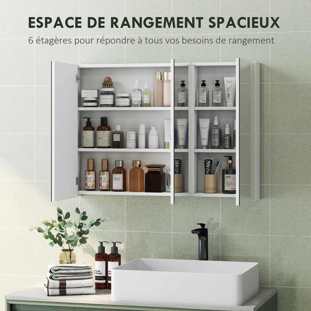 Armoire murale salle de bain avec miroir, armoire de toilette 3 portes miroir, étagères réglables, 91,5x11,5x65cm, blanc-3
