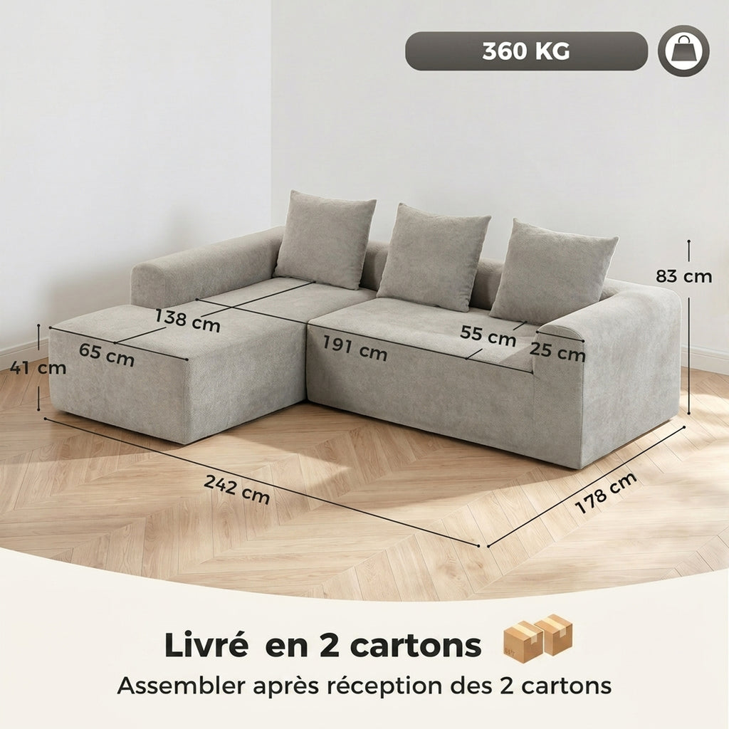 Canapé d'Angle en Chenille, Canapé 3 Places en L 242 cm avec Méridienne, Assise Profonde, Accoudoirs Larges, Gris Clair-2