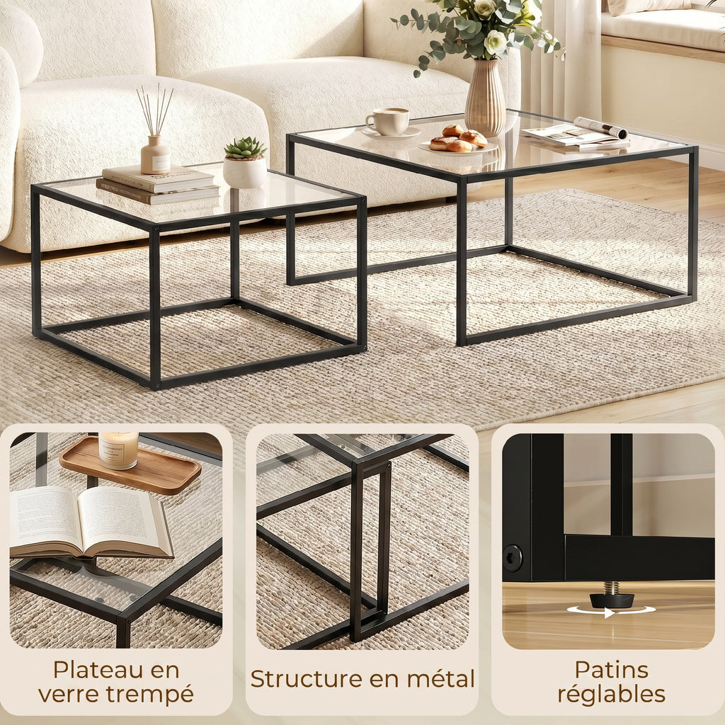 Lot de 2 tables basses gigognes, table de salon avec plateau en verre trempé et structure en métal, noir-5