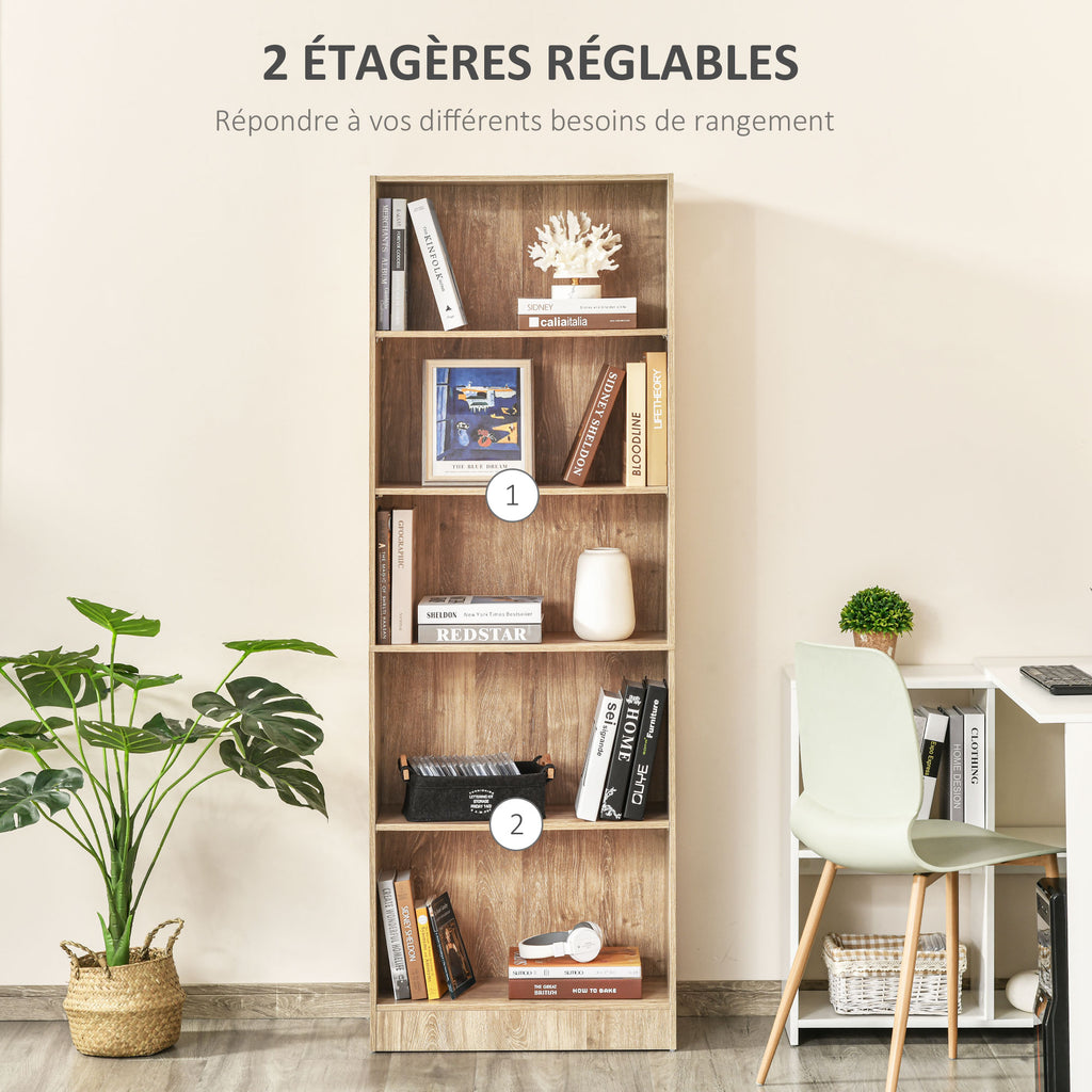 Bibliothèque, étagère de rangement à 5 niveaux avec étagères réglables, 63 x 29,2 x 176 cm, bois naturel-3