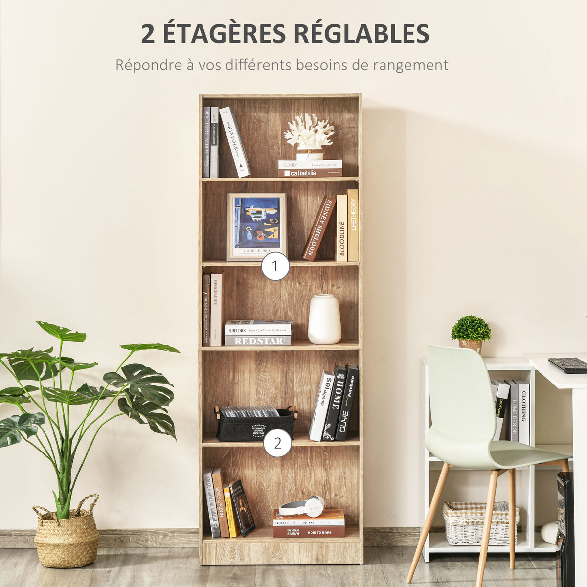 Bibliothèque, étagère de rangement à 5 niveaux avec étagères réglables, 63 x 29,2 x 176 cm, bois naturel-3