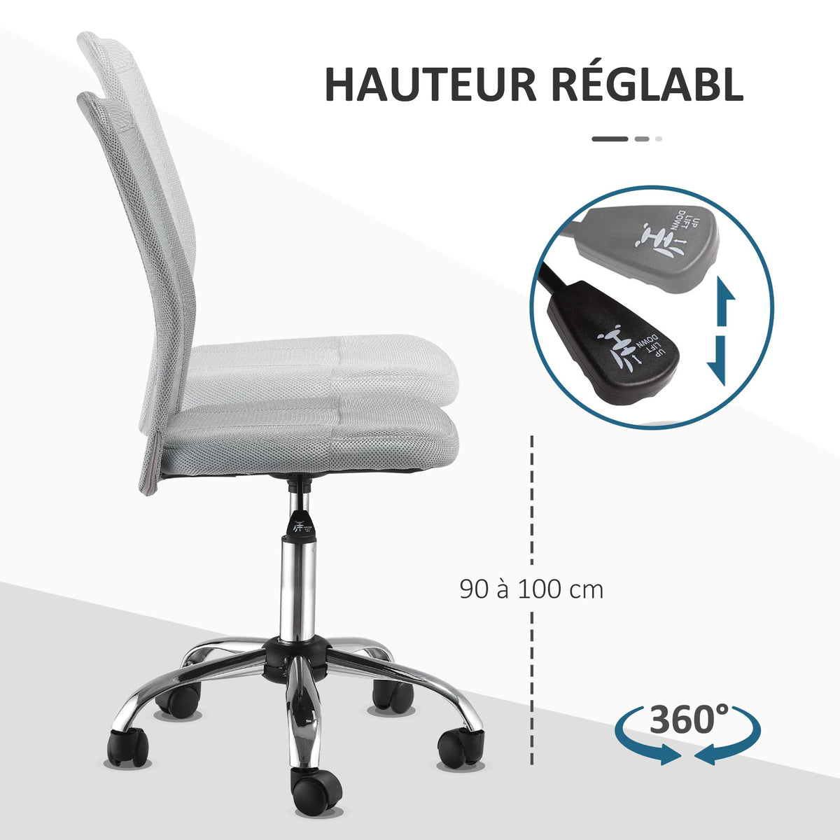 Chaise de Bureau Ergonomique, Fauteuil de Bureau, Hauteur Réglable, Piètement Chromé, Pivotant 360°, Revêtement Maille, Gris-4