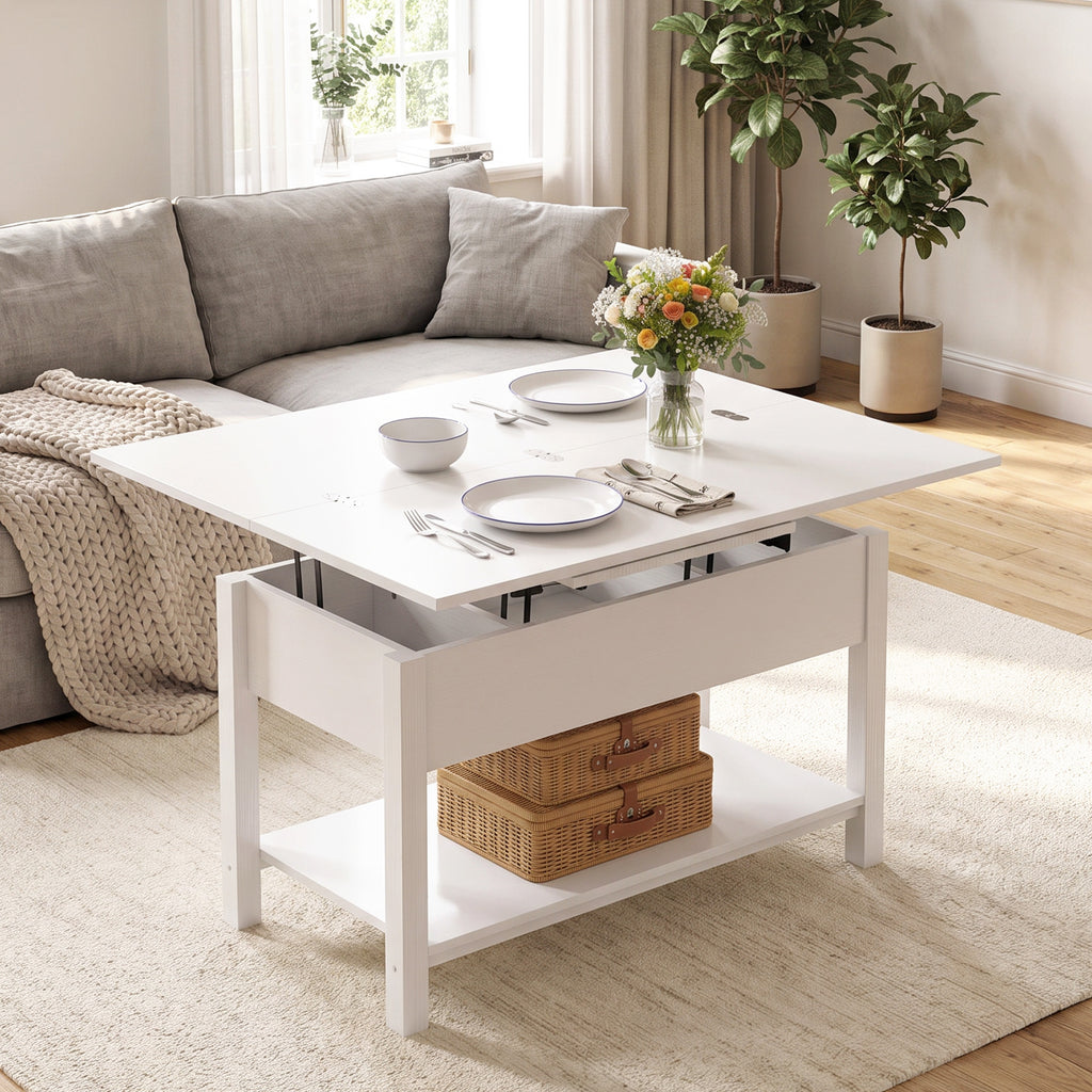 Table basse relevable et extensible table de salon avec compartiment caché étagère ouverte 100x45x50,5cm blanc-9