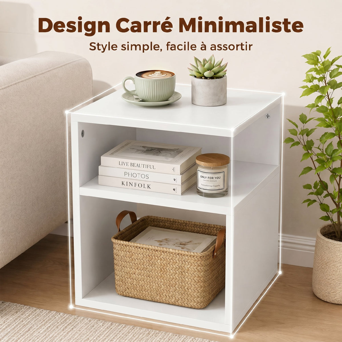 Table d'Appoint, Table Basse Moderne 3 Niveaux avec Étagères Ouvertes, pour Salon, Chambre ou Bureau, Blanc-5