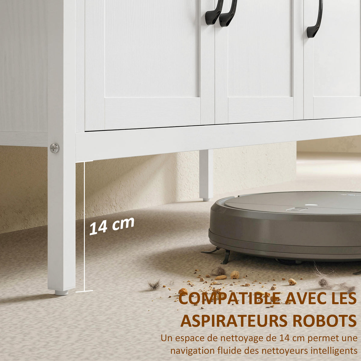Buffet cuisine, meuble de rangement, 3 portes, 3 tiroirs, compartiment ouvert et étagères réglables, 95x35x88cm, blanc-6