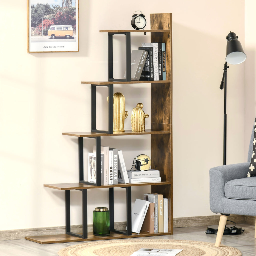 Étagère bibliothèque séparateur de pièce style industriel en escalier 5 étagères 102 x 30 x 160 cm, brun rustique-1
