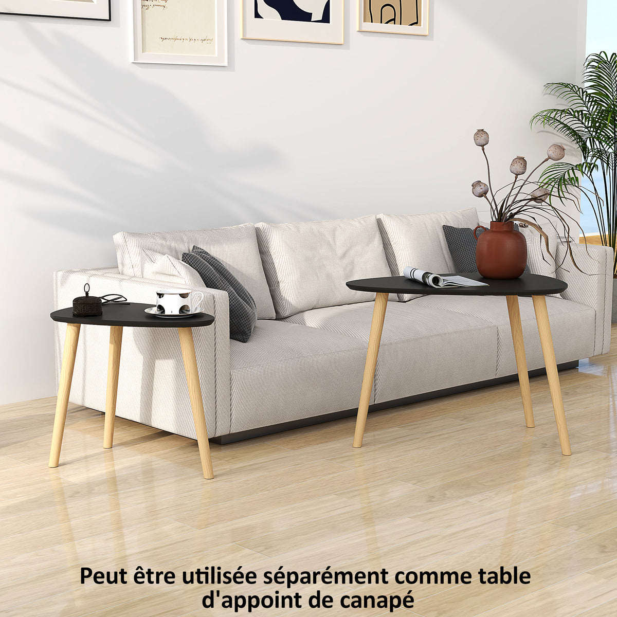Lot de 2 tables basses gigognes design scandinave pieds en bois et plateau en bois, noir-5