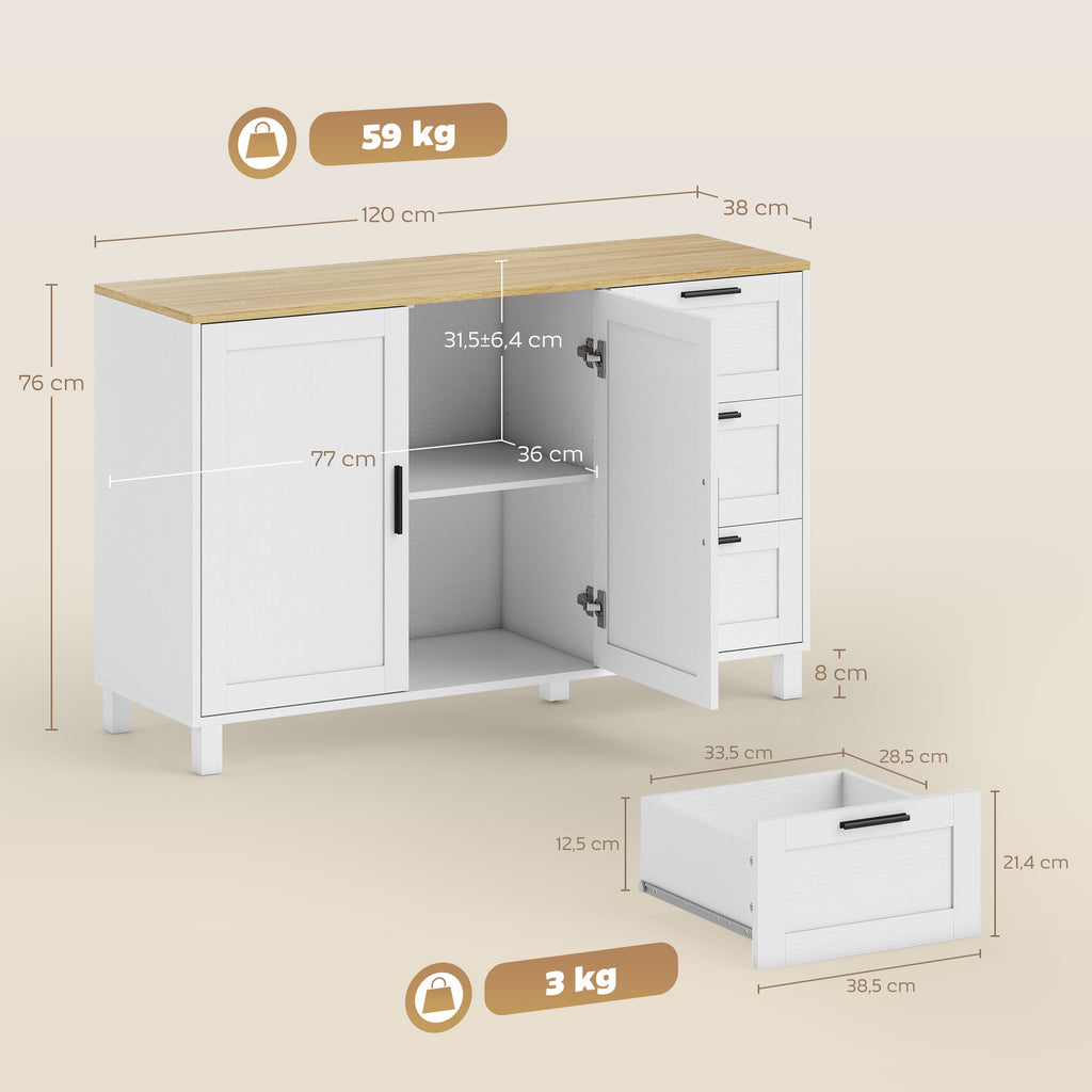 Buffet salon, meuble de rangement, double porte à fermeture amortie, 3 tiroirs et étagère réglable, 120x38x76cm, blanc-2