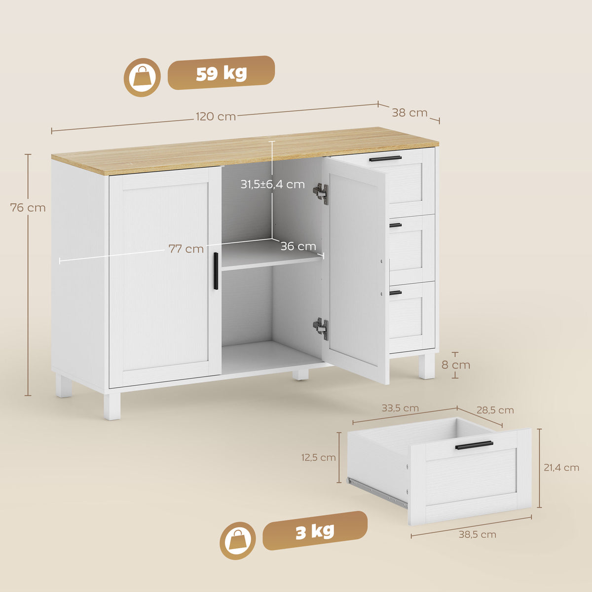 Buffet salon, meuble de rangement, double porte à fermeture amortie, 3 tiroirs et étagère réglable, 120x38x76cm, blanc-2