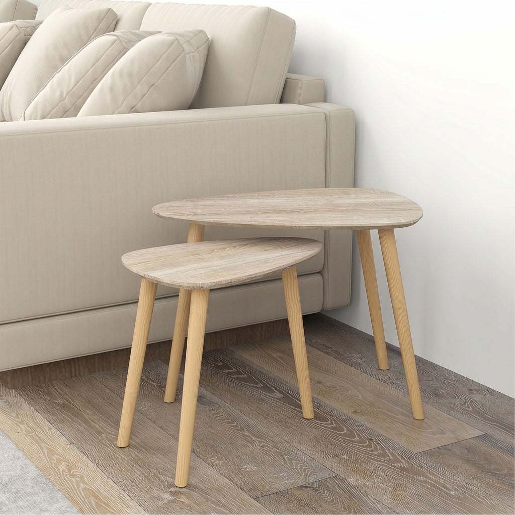 Lot de 2 tables basses gigognes design scandinave pieds en bois et plateau en bois, aspect naturel-1