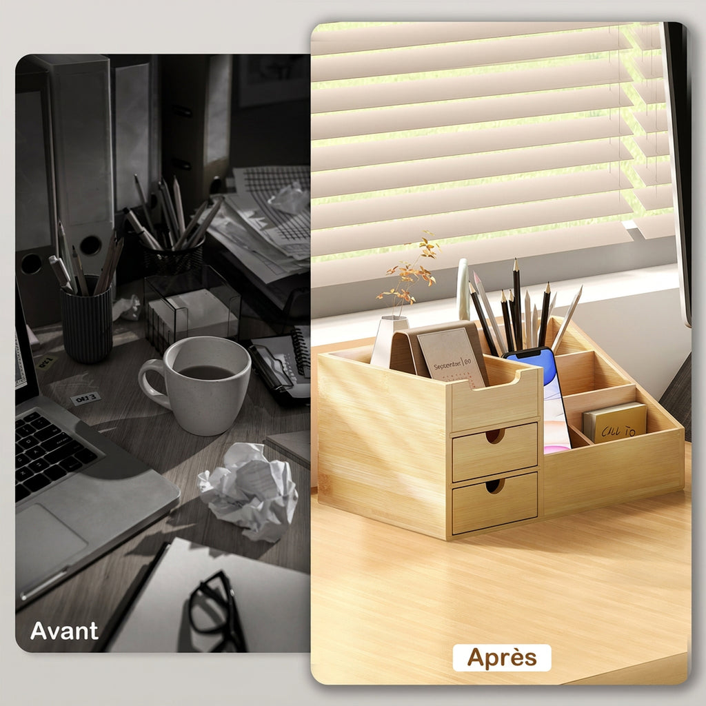 Boite de Rangement de Bureau - Organiseur de Bureau - 7 Compartiments, 2 tiroirs - Bambou Verni, Bambou-3