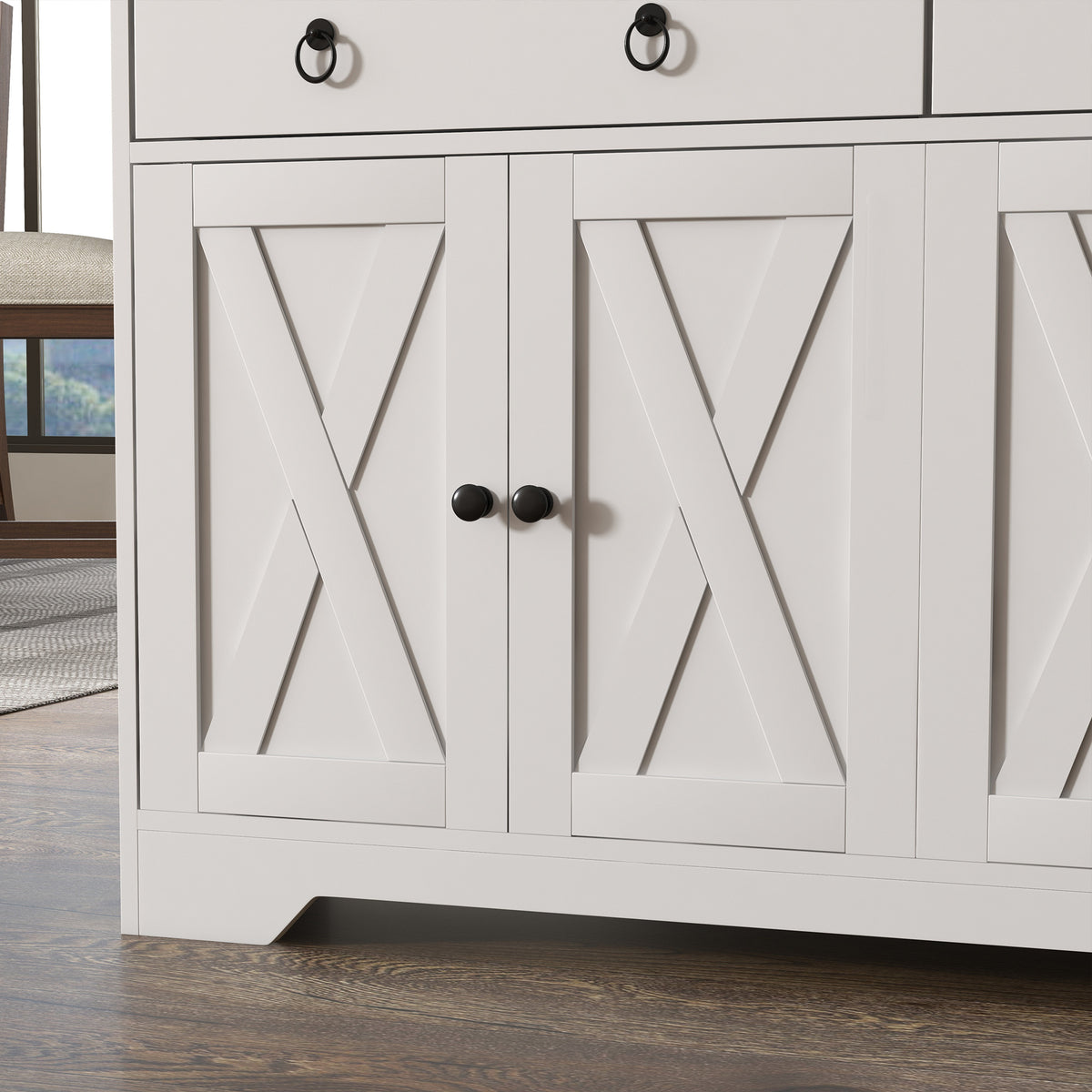 Buffet meuble de rangement armoire de cuisine style rural 2 tiroirs et 2 placards étagères à hauteurs réglables blanc-7