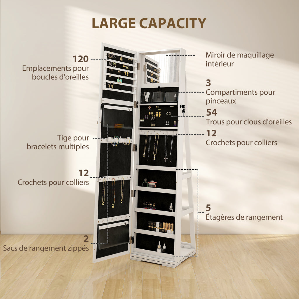 Armoire à Bijoux pivotante verrouillable boîte à bijoux avec Miroir - Armoire Bijoux Multi-Rangement - en Bois Blanc-4