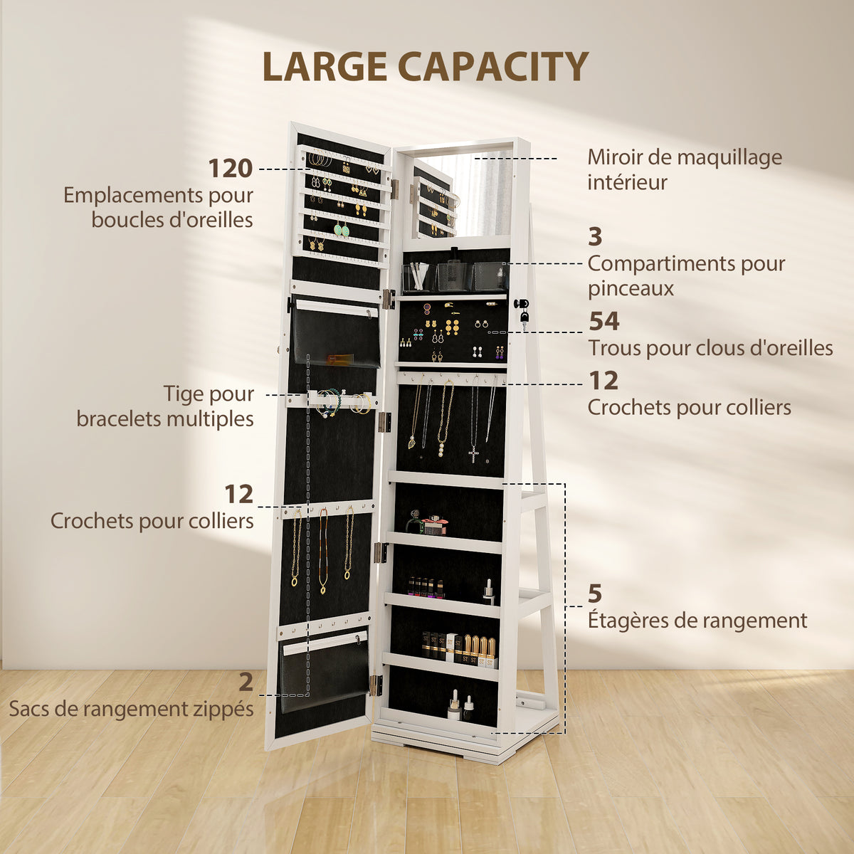 Armoire à Bijoux pivotante verrouillable boîte à bijoux avec Miroir - Armoire Bijoux Multi-Rangement - en Bois Blanc-4