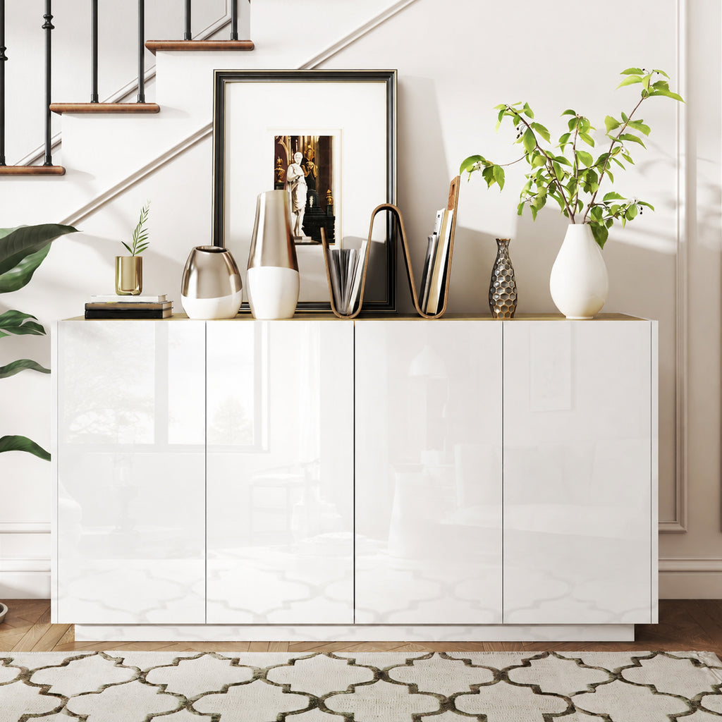 Buffet salle à manger buffet cuisine 4 portes à fermeture douce et étagères réglables 140l x 40P x 75H cm blanc laqué-9
