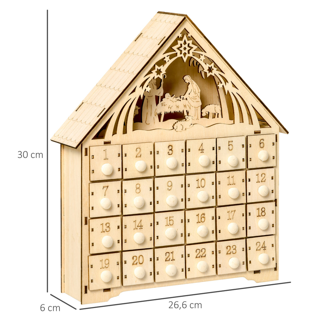 Calendario dell’Avvento in legno con 24 cassetti e presepe LED
