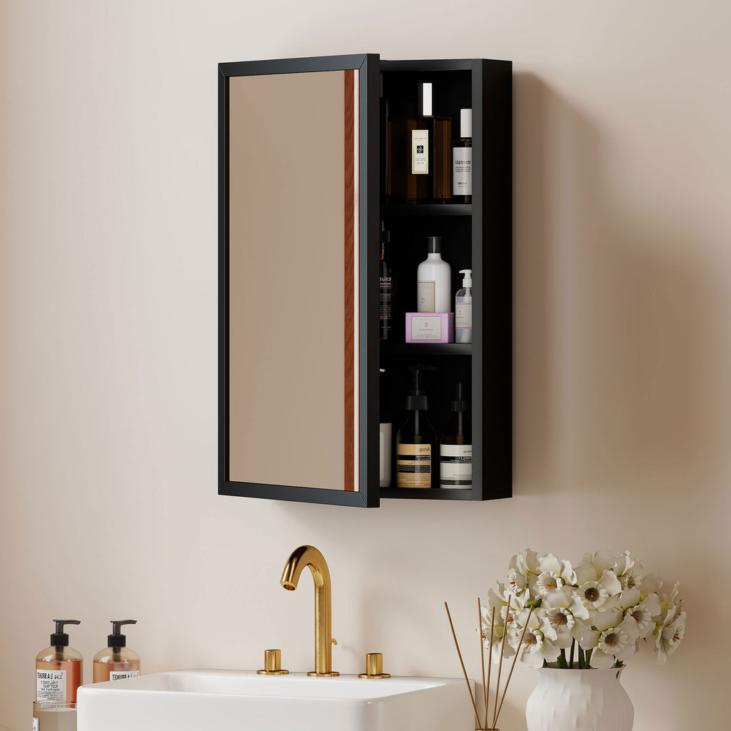 Armoire miroir de salle de bain armoire murale armoire à glace avec 1 porte et 2 étagères en acier 40 x 12 x 60 cm noir-1