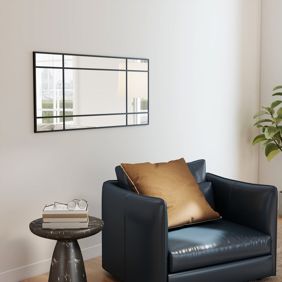 Miroir mural verrière rectangulaire style fenêtre, horizontal ou vertical avec 4 crochets, en métal noir - 110x50 cm-8
