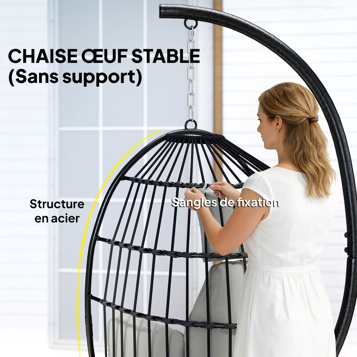 Fauteuil suspendu, fauteuil œuf suspendu, panier pliable, coussins rembourrés, porte-gobelet, oreiller, gris foncé-3