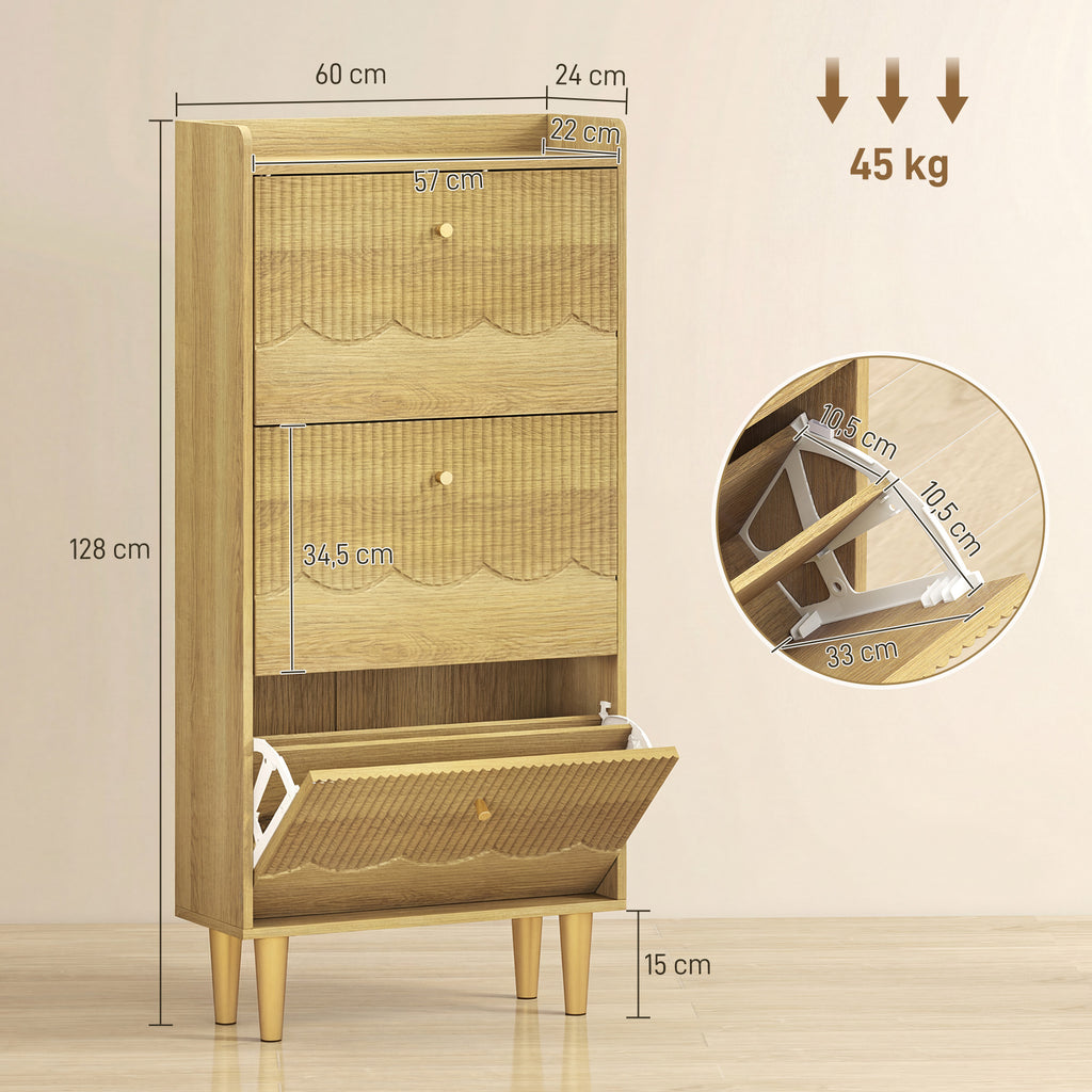 Meuble à chaussures 18 paires, armoire à chaussures étroite, 3 tiroirs rabattables étagères réglables, 60x24x128cm, chêne-2