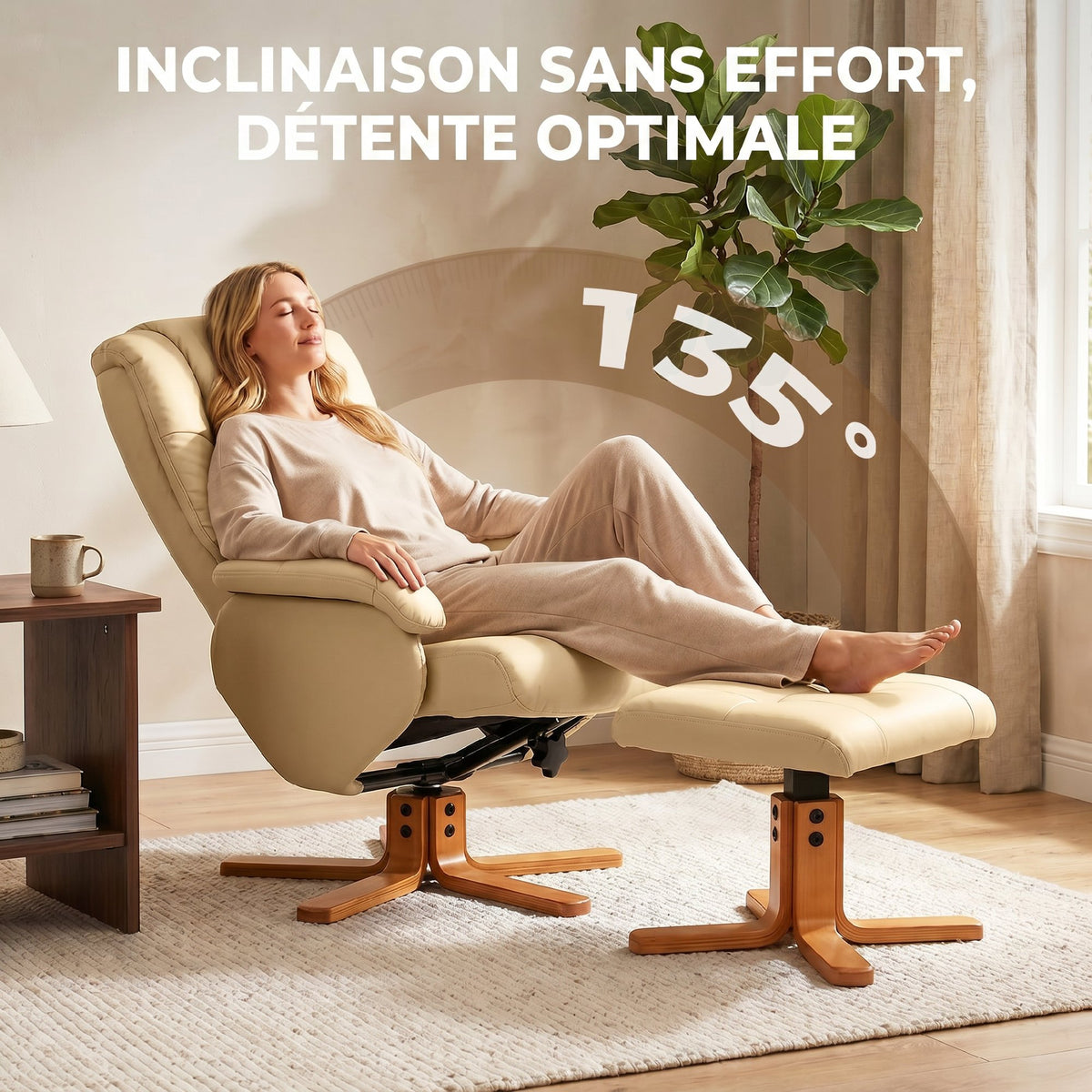 Fauteuil relax avec repose-pied fauteuil de relaxation pivotant 360° dossier inclinable charge 120 Kg beige-3