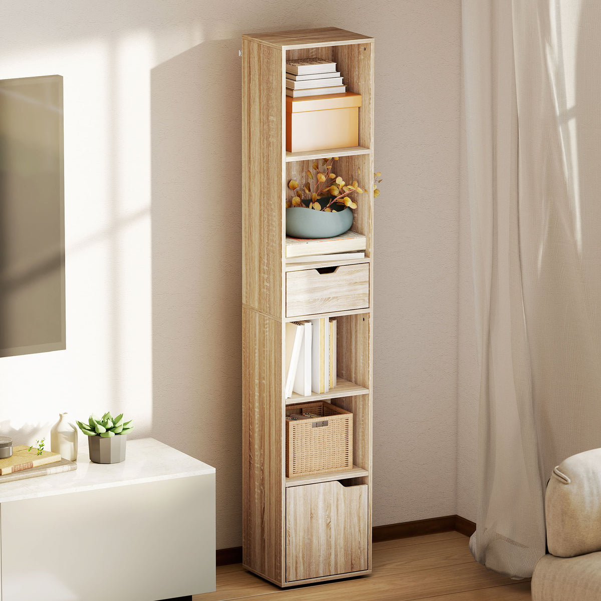 Bibliothèque, étagère à livres, meuble de rangement avec tiroir placard compartiments ouvertes, 30 x 24 x 158 cm naturel-9
