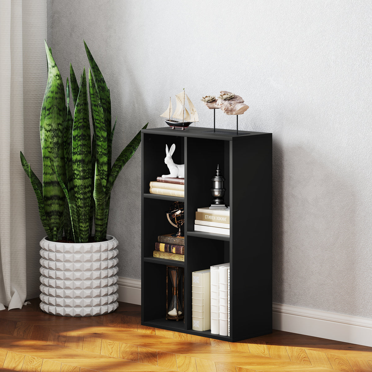 Bibliothèque étagère de rangement avec 5 compartiments, pour salon chambre à coucher bureau, 50x24x80cm, noir-7
