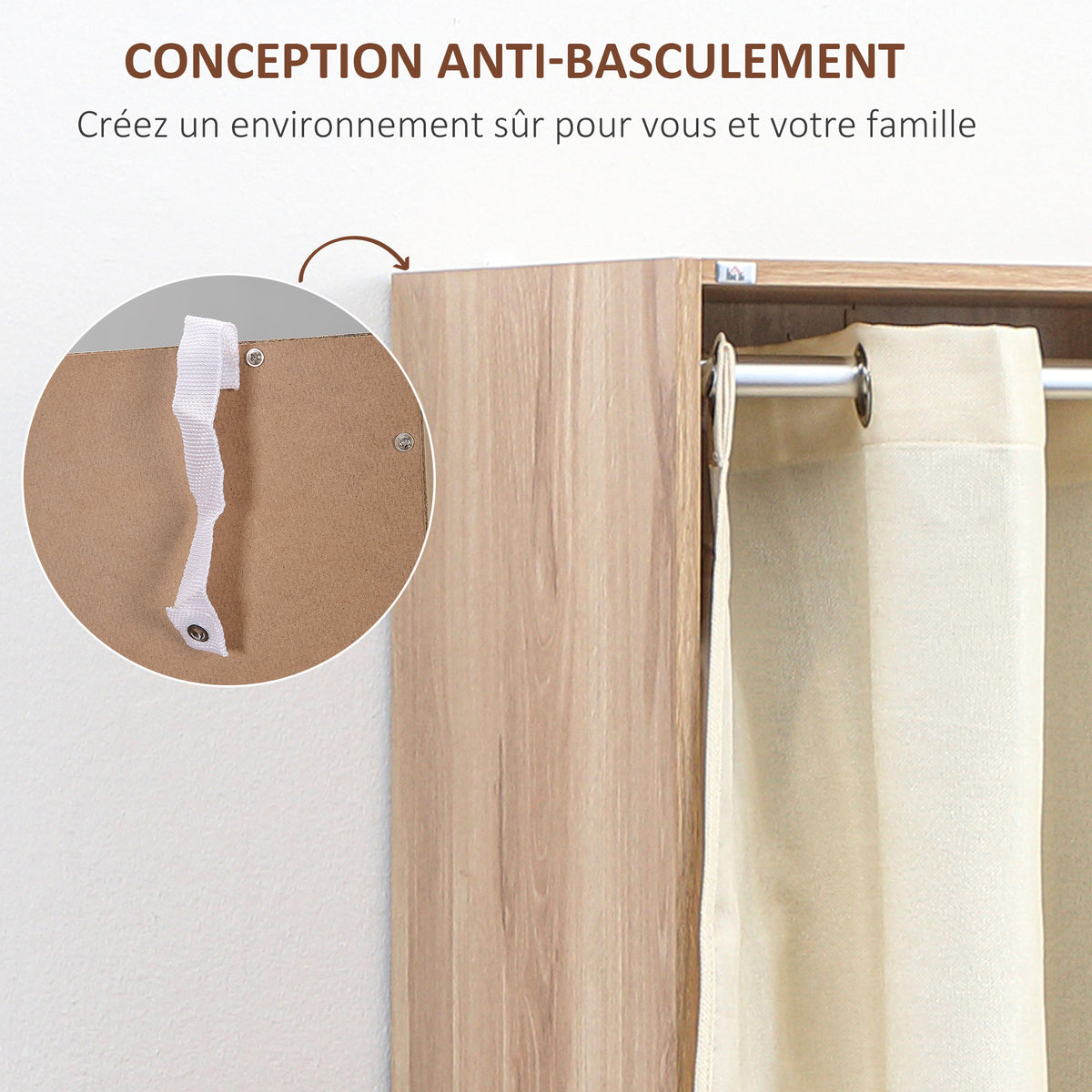 Armoire penderie armoire de rangement avec tringle rideaux 3 tiroirs en tissu amovibles 105 x 48 x 160 cm naturel-5