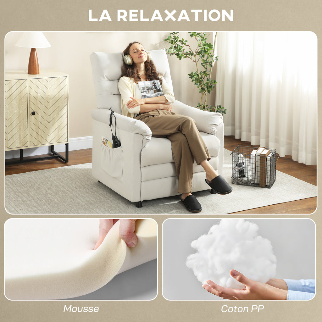 Fauteuil relax électrique massant et chauffant, fauteuil inclinable, repose-pieds, moteur silencieux, 82x99x106cm, crème-7