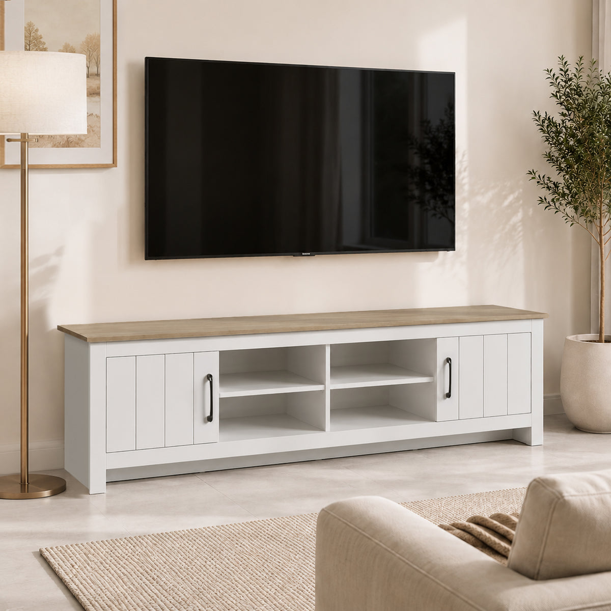 Meuble TV 175 cm, Meuble Télé pour Téléviseur jusqu'à 55 Pouces avec 2 Portes et 4 Compartiments Ouverts, Chêne et Blanc-1