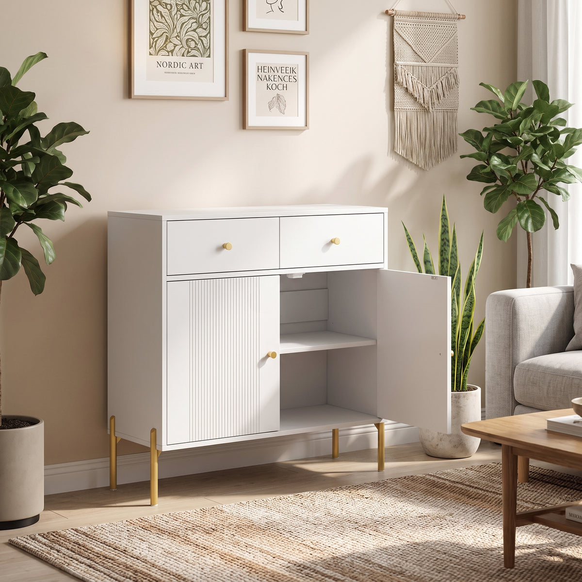 Buffet Salon, Meuble de Rangement avec 2 Portes, 2 Tiroirs, Étagères Réglables et Pieds en Métal, 80 x 39 x 86 cm, Blanc-1