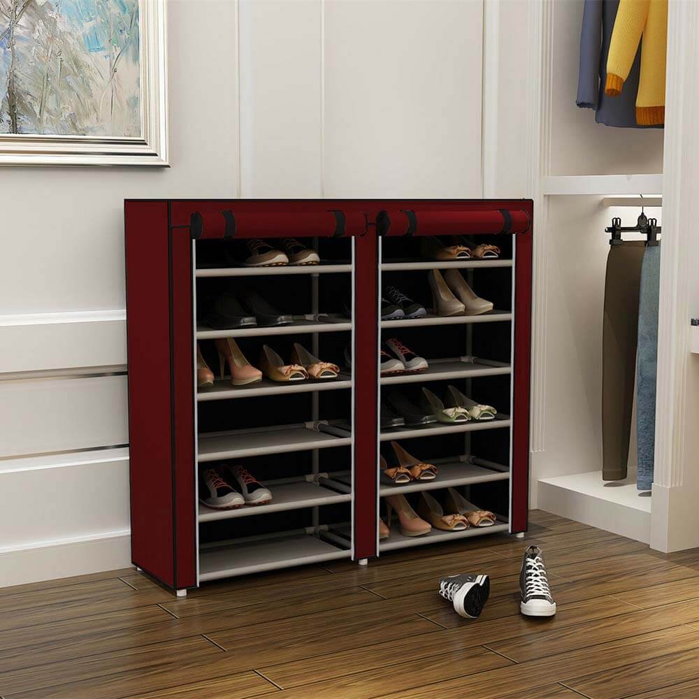 Scarpiera bordeaux a 12 ripiani con copertura