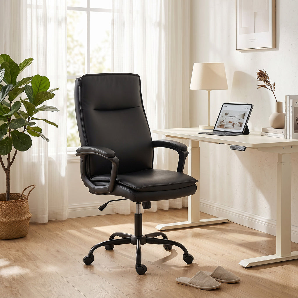 Chaise bureau ergonomique, fauteuil de bureau en PU, hauteur réglable, fonction bascule, pivotante 360°, noir-9