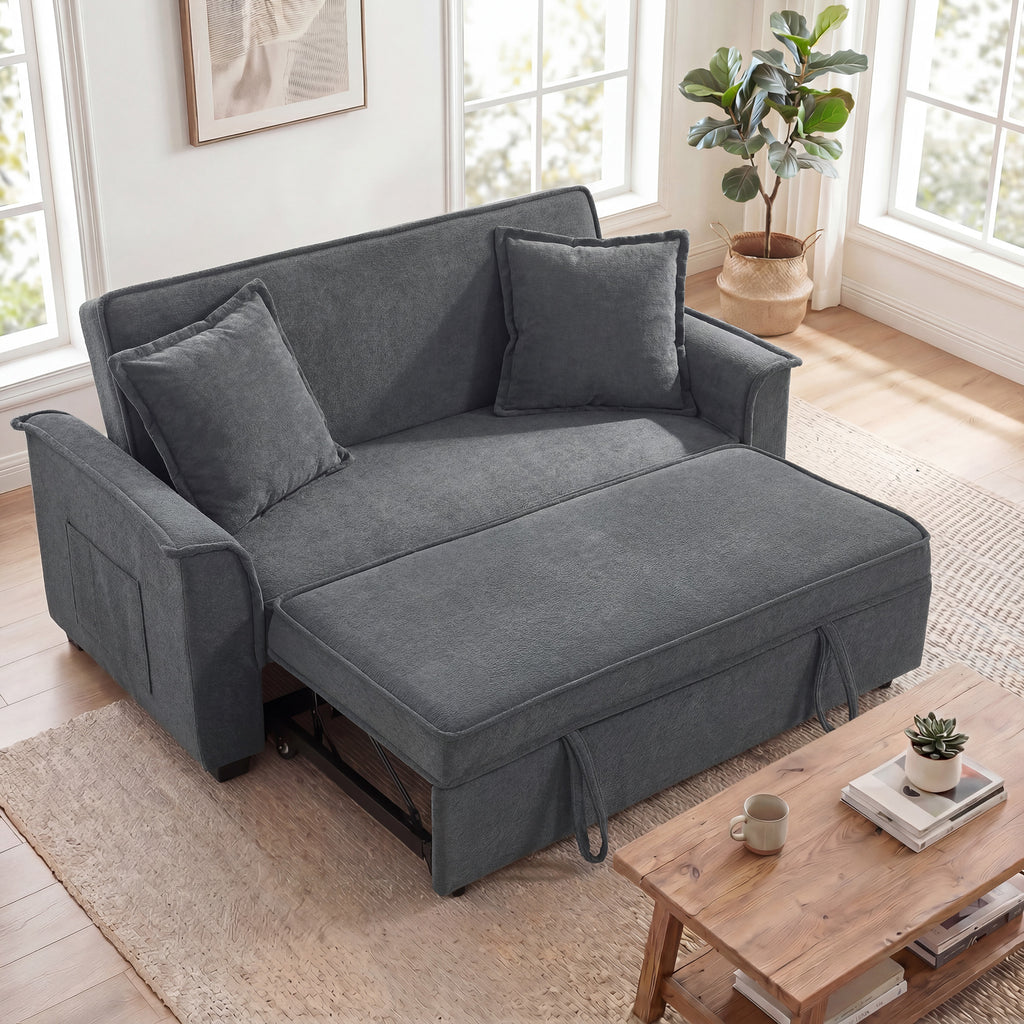 Canapé convertible 2 places, canapé-lit clic-clac en chenille, dossier réglable, 2 coussins, poche latérale, gris-1