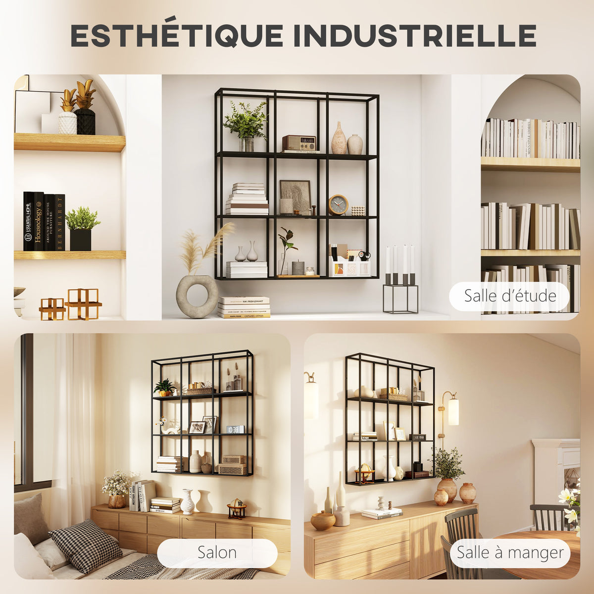 Étagère Murale Industrielle 9 Compartiments, Étagère Modulaire en Métal pour Objets de Collection, 87,5x18x100cm Noir-6