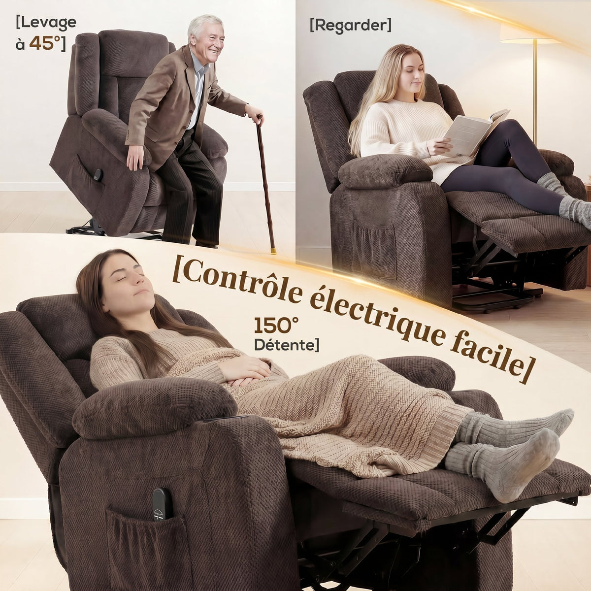 Fauteuil Releveur Électrique, Fauteuil Relax Électrique en Velours, Dossier Inclinable, Assise Large, Port USB, Marron-3