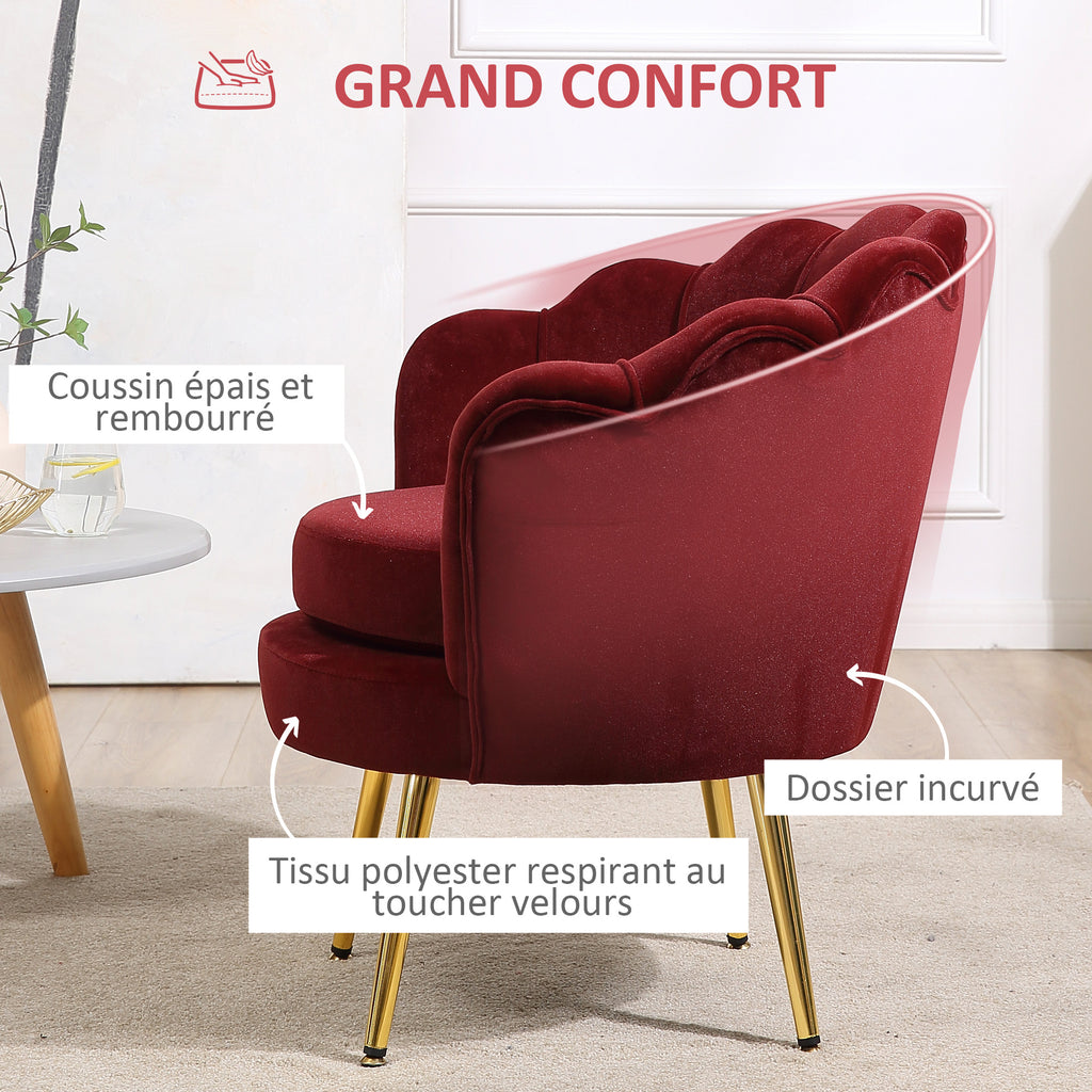 Fauteuil salon fauteuil en velours fauteuil coquillage avec pieds en métal doré pour chambre à coucher, rouge-4