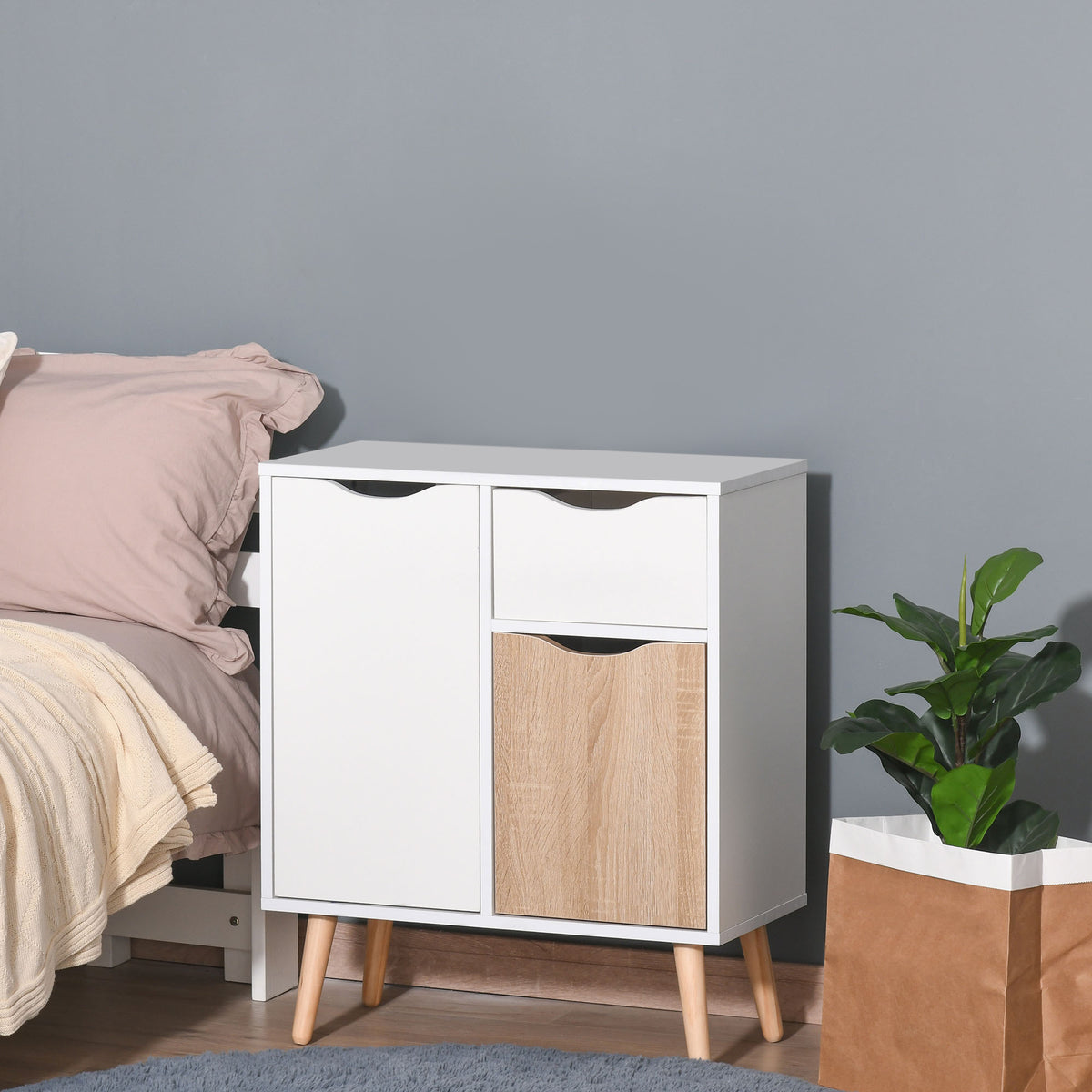 Buffet Meuble de Rangement Design scandinave 2 placards tiroir Coulissant Bois Blanc chêne Clair-1