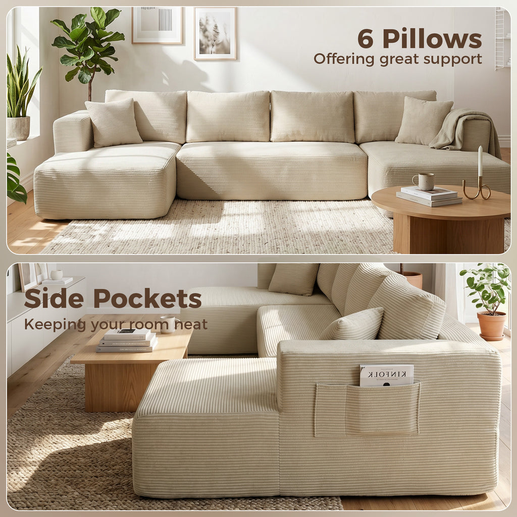 Canapé Modulaire en U Compressé 337 cm, Canapé Convertible 4 places en Velours Côtelé, Assise Large, Crème-7