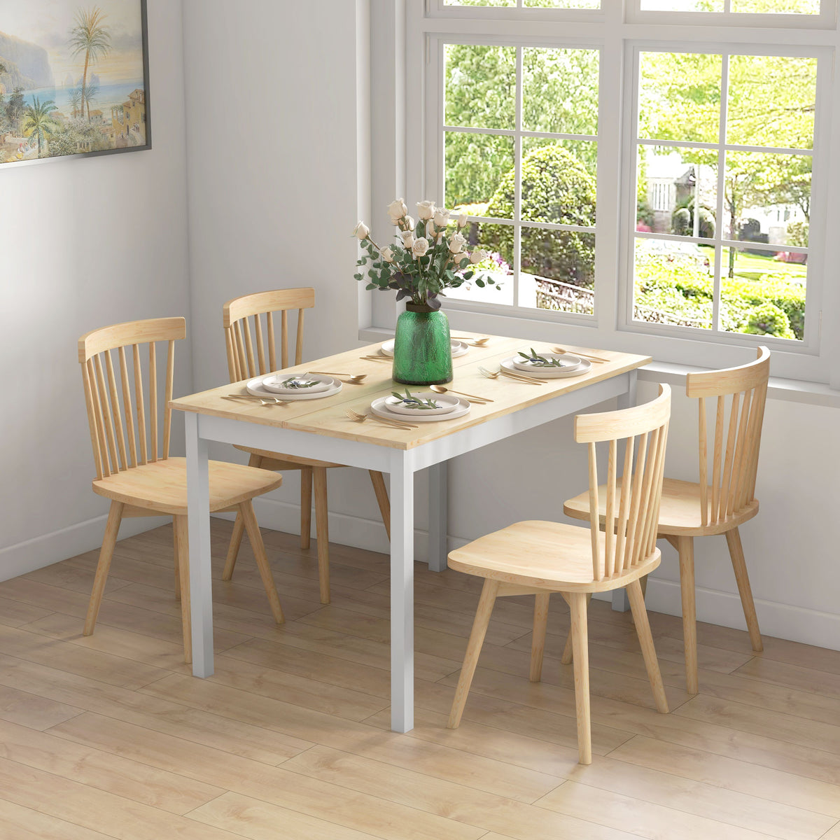 Table à manger table de cuisine structure en bois massif 4 personnes design vintage 120 cm naturel et blanc-9