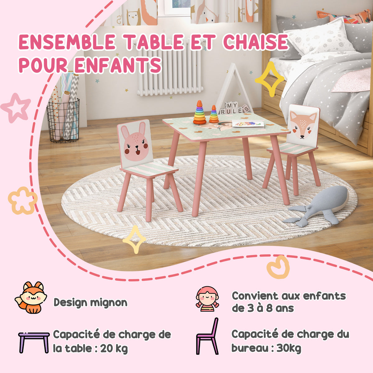 Ensemble table et chaises pour enfants, table pour enfant avec 2 chaises, motif animaux pour chambre à coucher rose-6