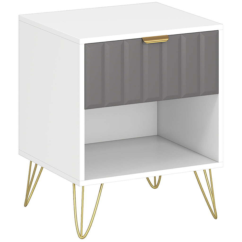 Table de chevet, table d'appoint compartiment ouvert, tiroir et poignée, pieds en acier, 45 x 40 x 55, blanc-0