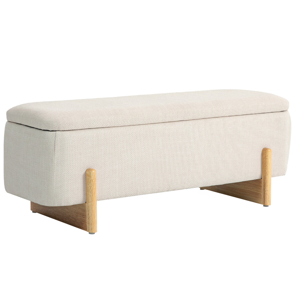 Banc de Rangement, Bout de Lit Rembourré, Charnières de Sécurité, Pieds Forme U en Bois d'Hévéa Stable, Crème-0