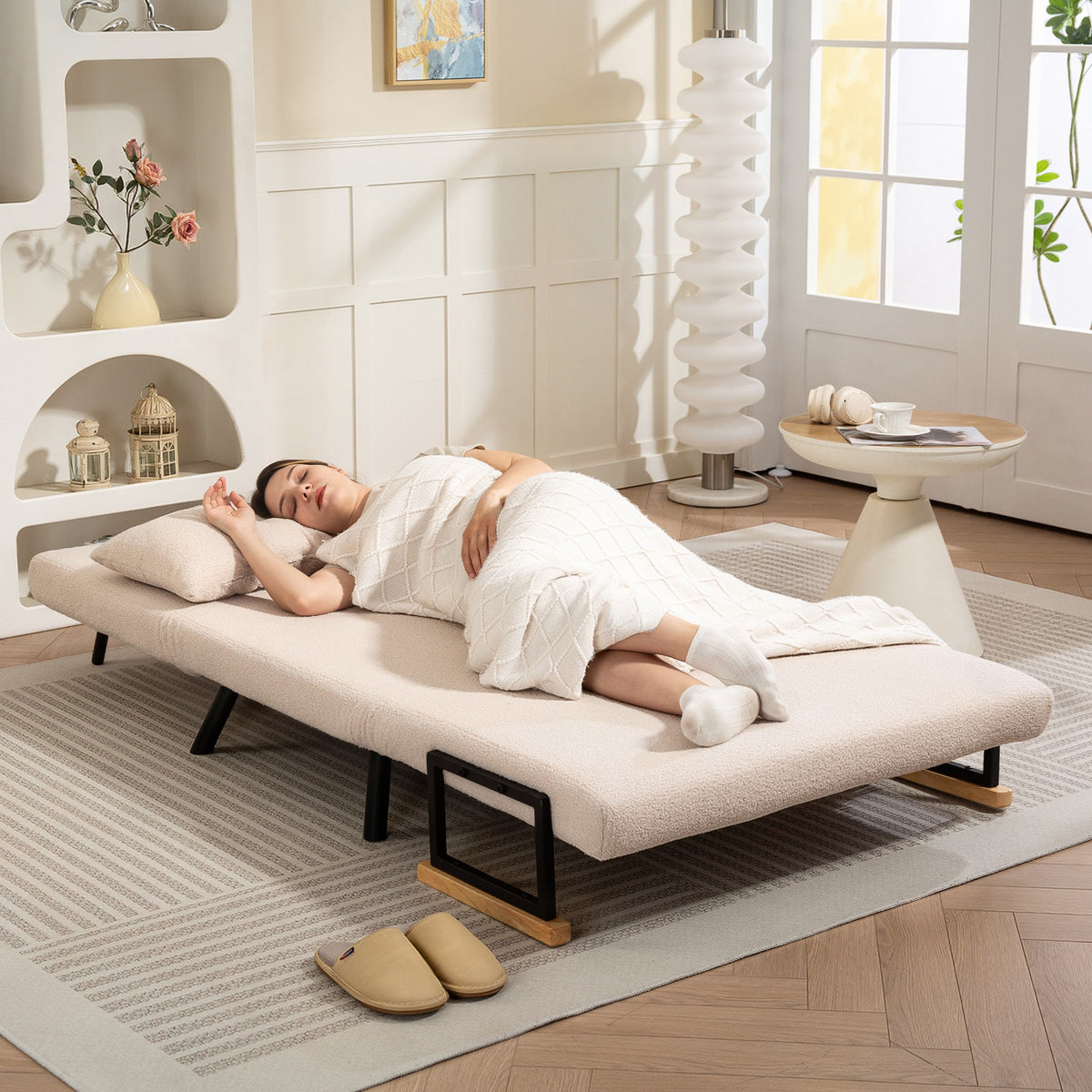 Canapé convertible 2 places 4 en 1, canapé-lit avec dossier réglable sur 5 niveaux, 2 coussins, 102 x 73 x 81 cm, beige-8